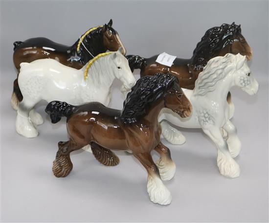 Five Beswick Shire horses, two mares 818 grey and brown and three Cantering 975, grey and brown